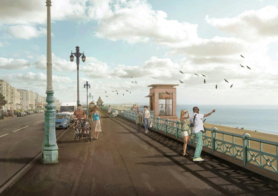 an artist 's impression of people walking on a sidewalk overlooking the ocean