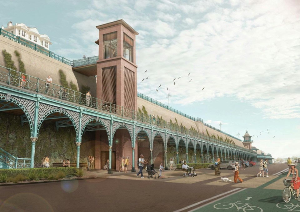 an artist 's impression of a building with arches and a bicycle lane