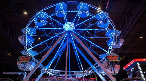 a neon ferris wheel is lit up at night