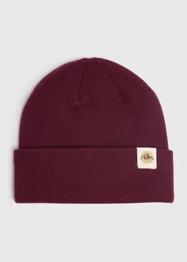 a purple beanie with a mountain patch on it on a white background .