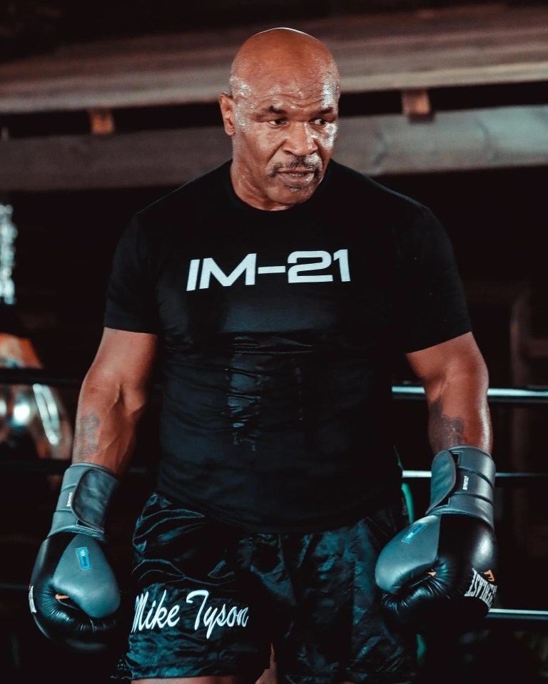 a man wearing boxing gloves and shorts that say mike tyson