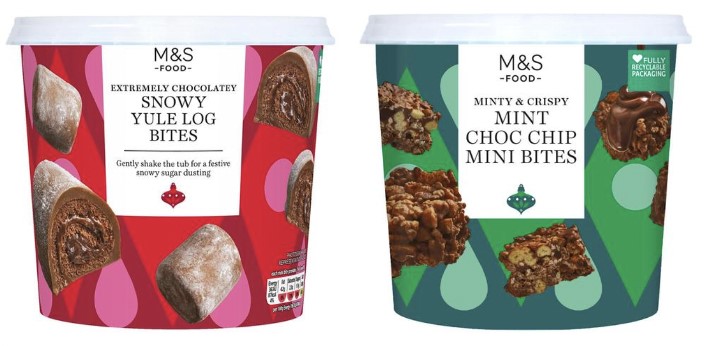 two containers of m & s minty and crispy mint choc chip mini bites