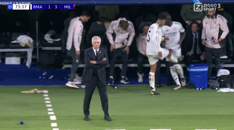 Jude Bellingham kicked a water bottle in frustration after he was subbed off during Madrid's latest Champions League defeat