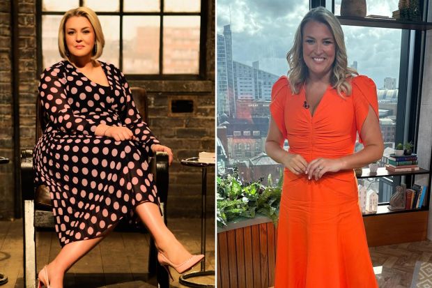 a woman in a polka dot dress sits next to a woman in an orange dress