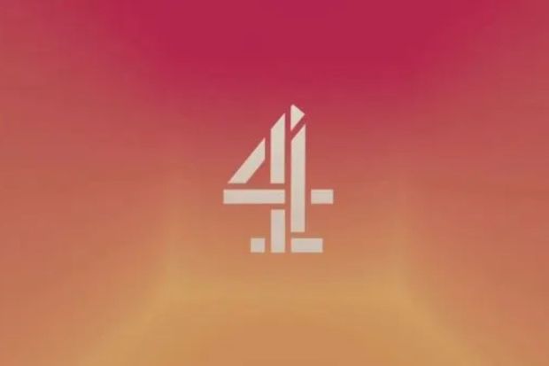 the logo for channel 4 is on a pink and orange background .