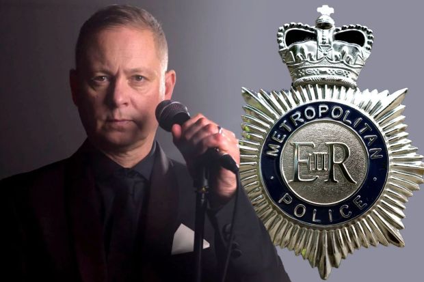 a man singing into a microphone next to a metropolitan police badge