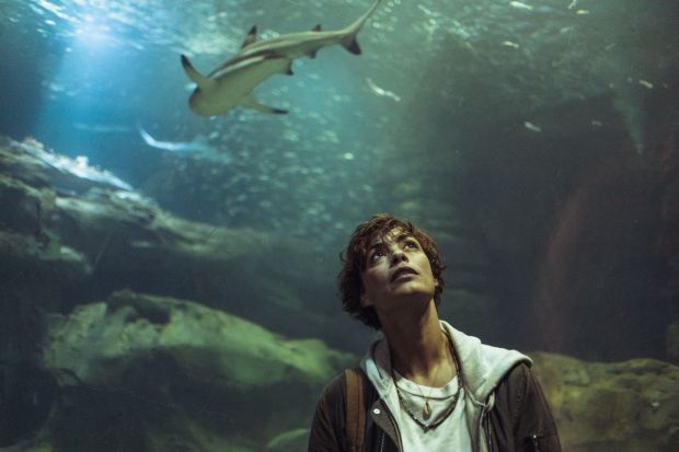 a woman looks up at a shark in an aquarium