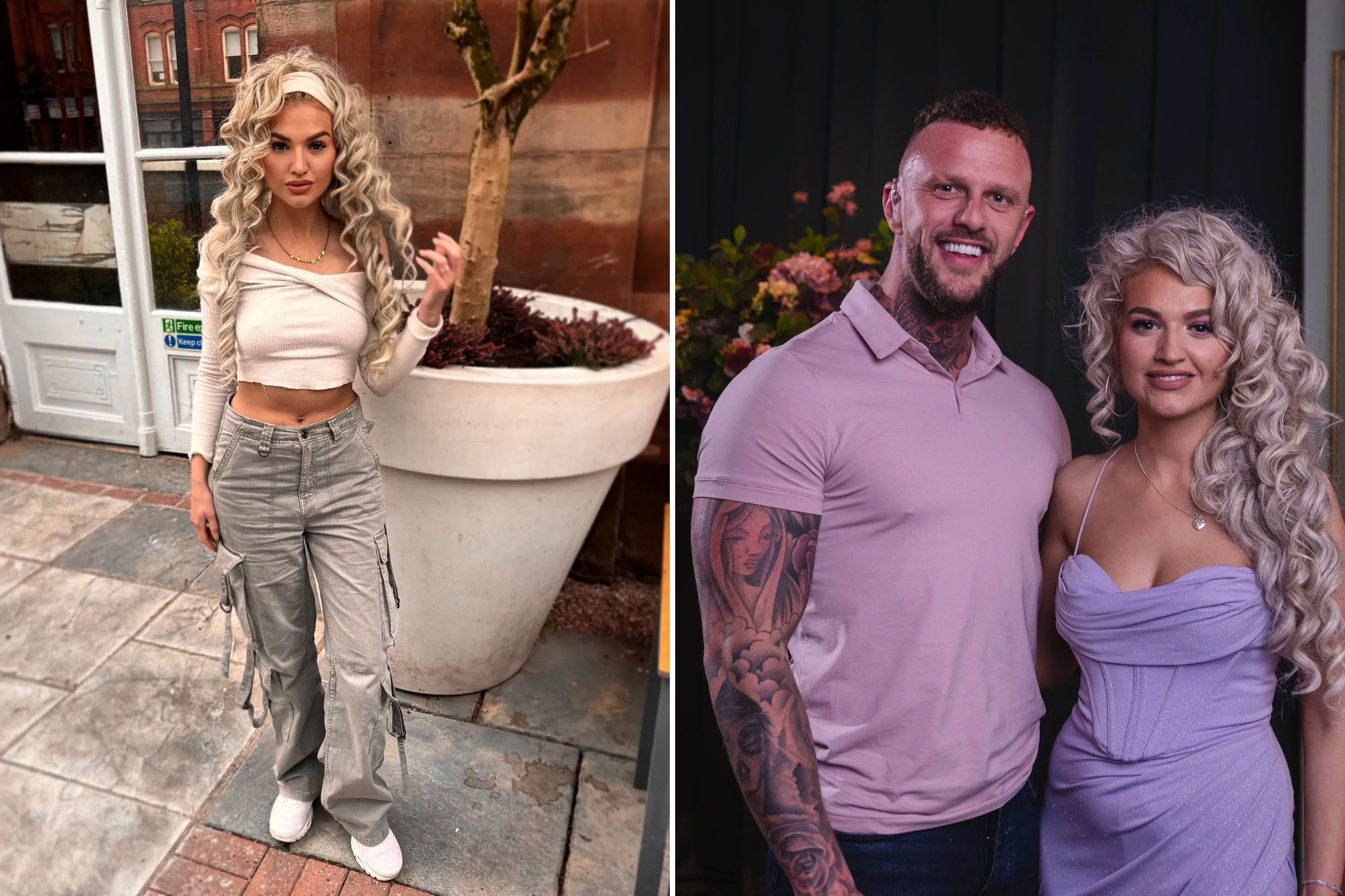 a woman in a crop top stands next to a man in a pink shirt