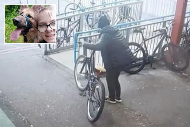 a picture of a woman and a dog next to a picture of a person riding a bike