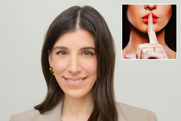 a woman is smiling next to a picture of a woman holding her finger to her lips