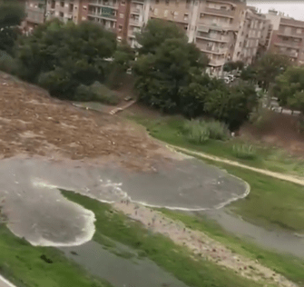 At first a trickle of water moves slowly down the riverbed