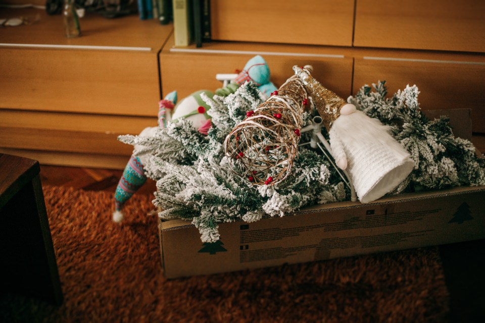 a cardboard box with a christmas tree on it