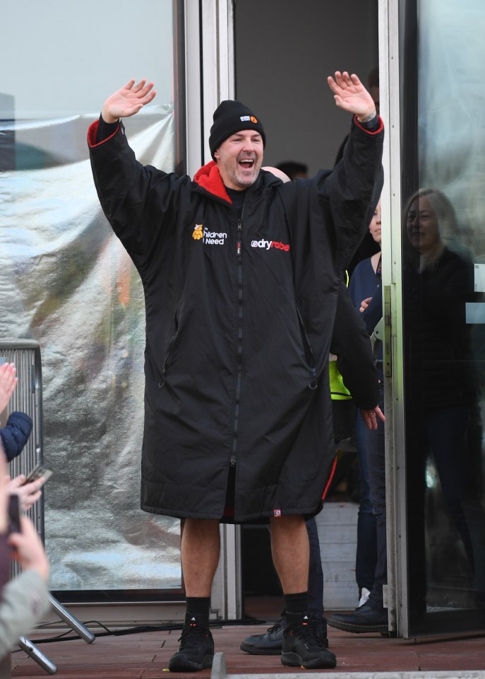 Emotional Paddy McGuinness at BBC Pacific Quay, Glasgow, after his epic cycle ride from Wrexham to Glasgow for Children in Need