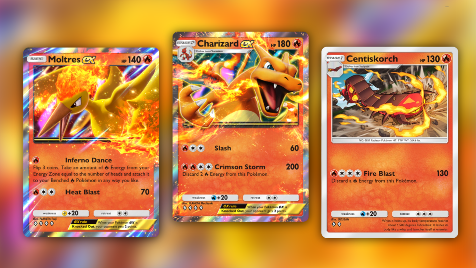 Three Pokémon trading cards featuring Moltres EX, Charizard EX, and Centiskorch.