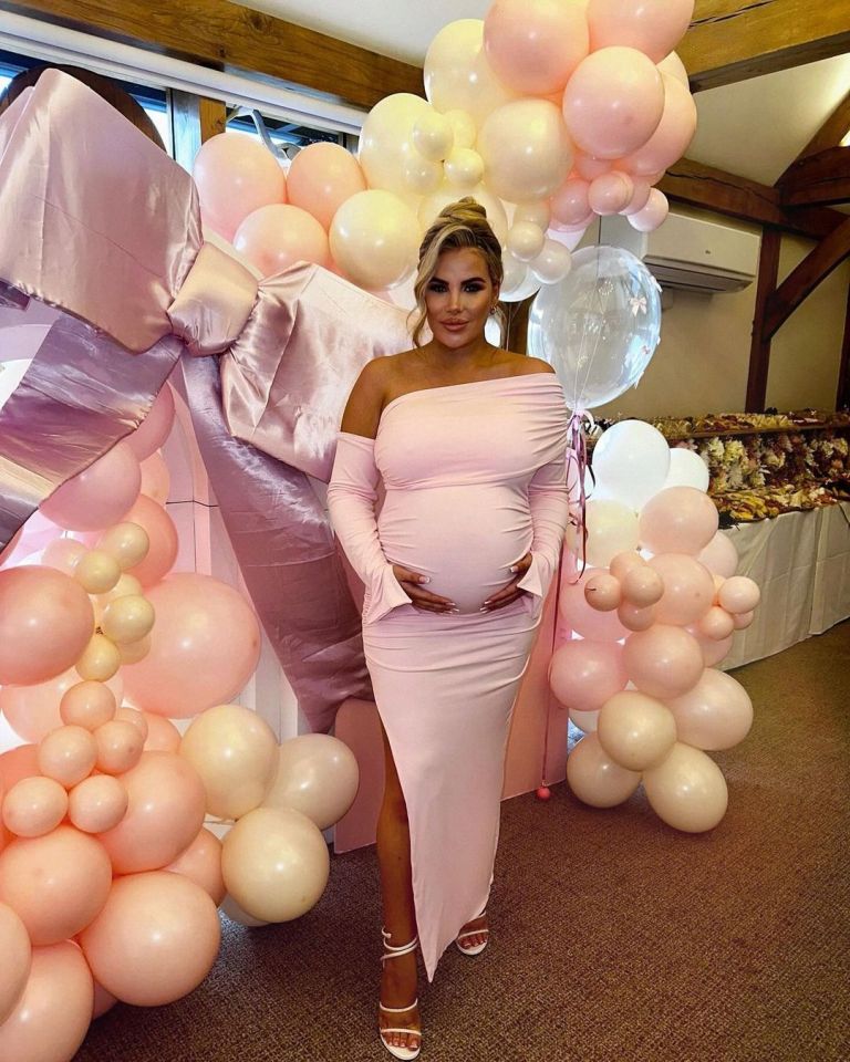 Pregnant Georgia Kousoulou showed off her huge baby bump in a skintight pink dress at her baby shower