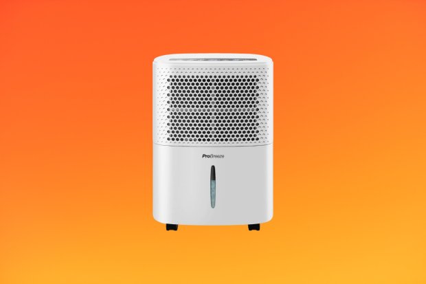 a white pro breeze air purifier against an orange and yellow background