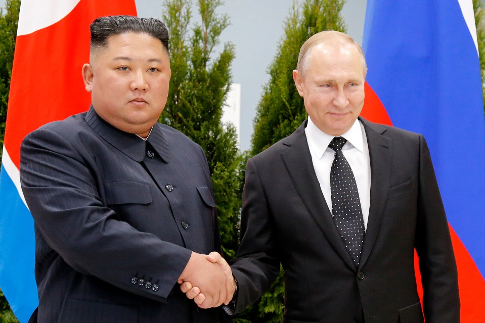 Russian President Vladimir Putin, right, and North Korea’s leader Kim Jong Un in 2019