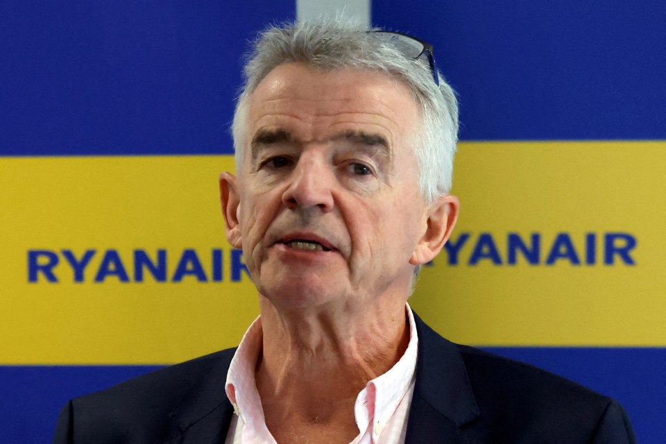 a man stands in front of a ryanair sign