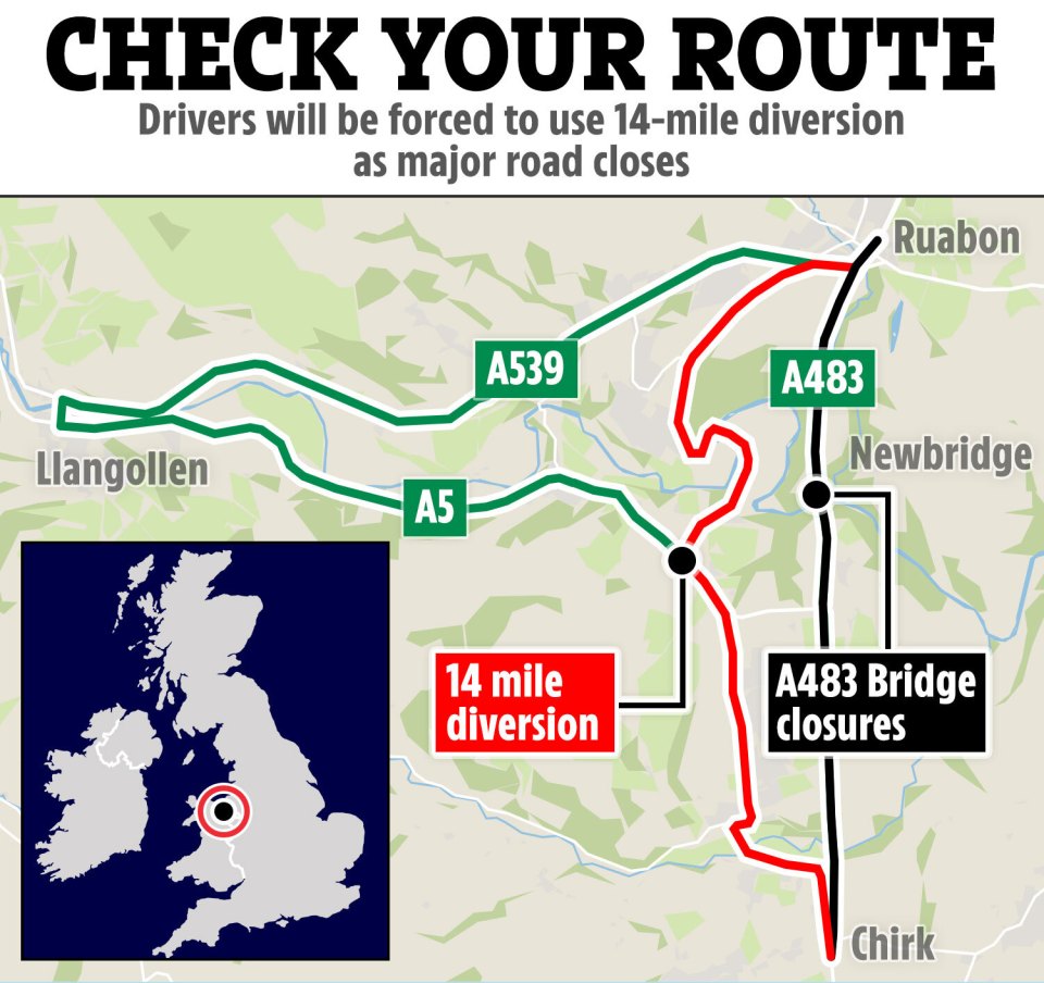 a map showing drivers will be forced to use 14 mile diversion as major road closes