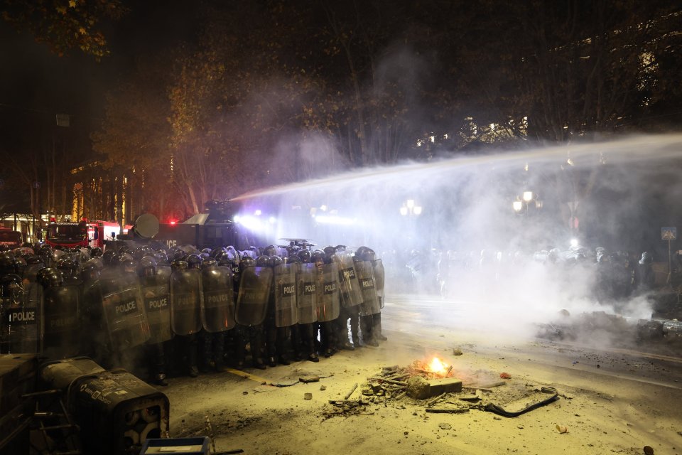 Riot cops used a water cannon and pepper gas against crowds