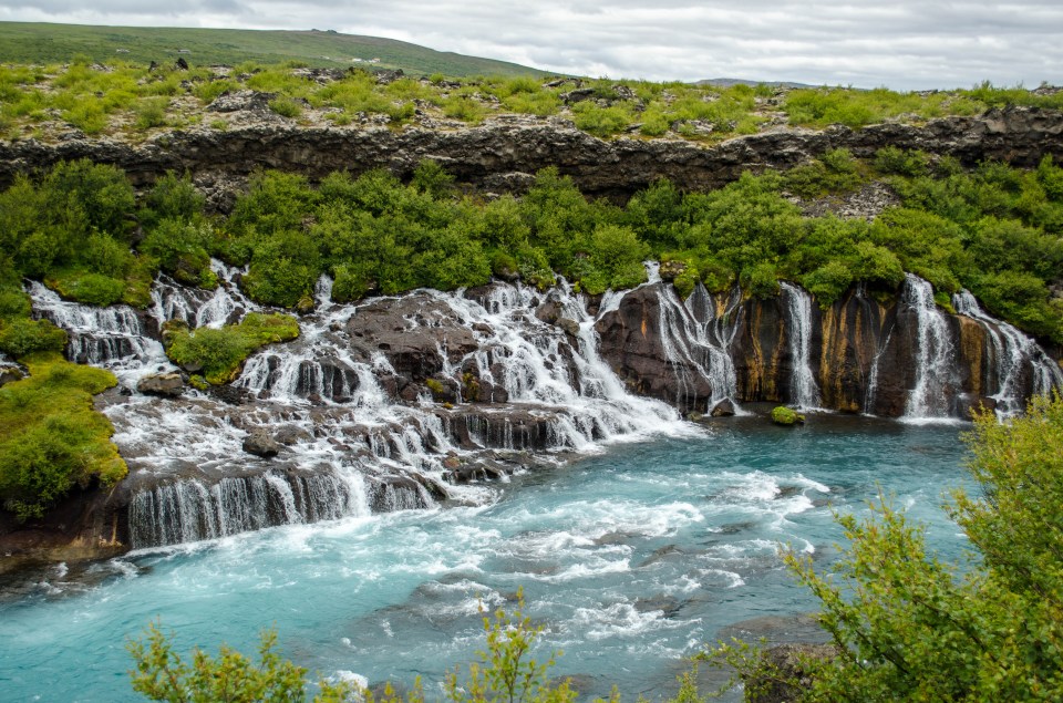 a waterfall in the middle of a river surrounded by trees