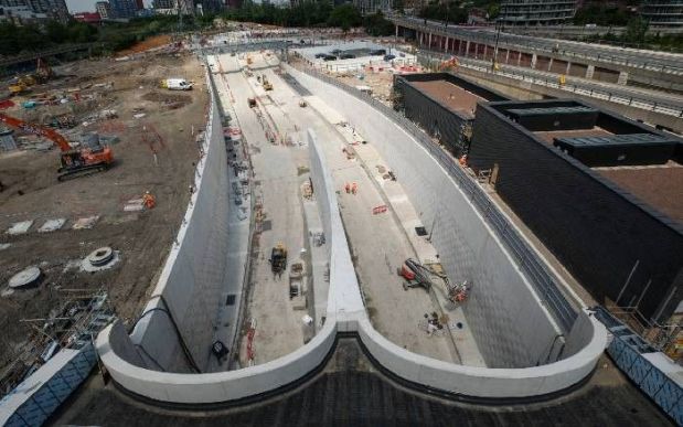 an aerial view of a large building under construction .