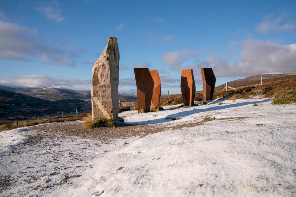 A dusting of snow around The Watchers sculpture in Corgaff, Aberdeenshire