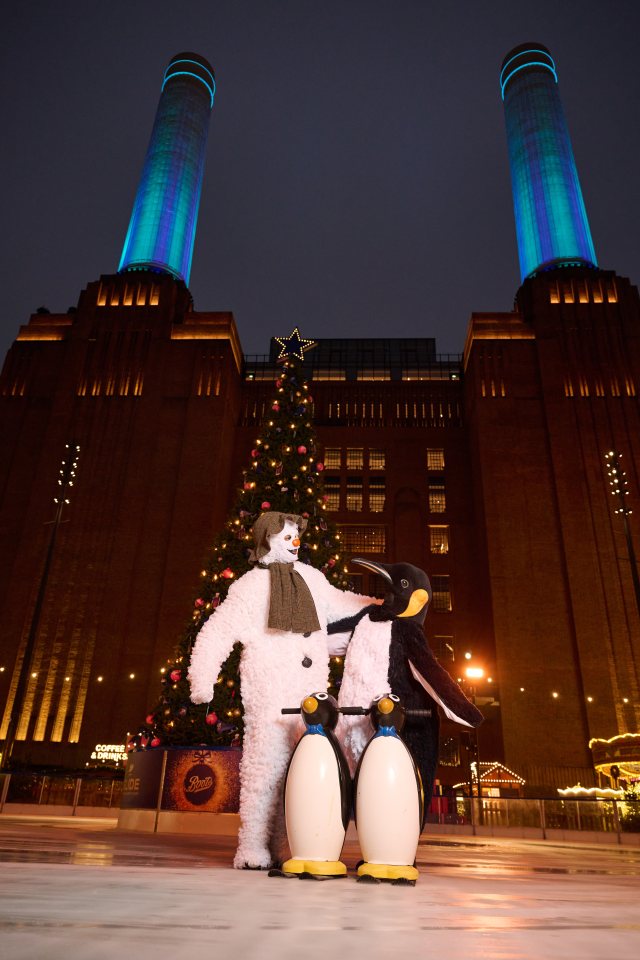 The Snowman and Penguin characters attend the launch of Glide At Battersea Power Station 2024