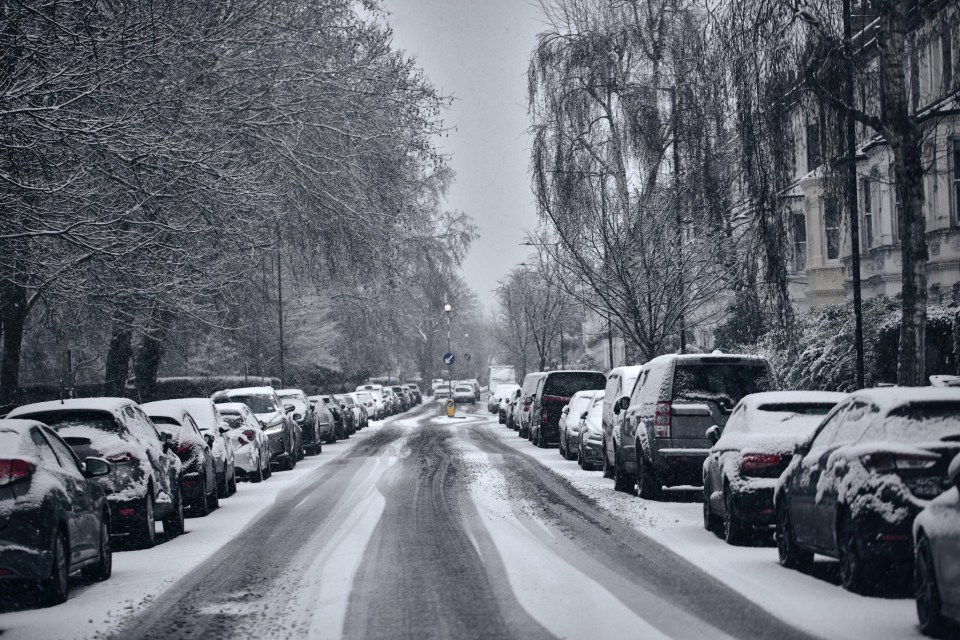 Winter storm hitting urban streets of London, United Kingdom