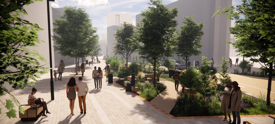 an artist 's impression of a street with trees and benches