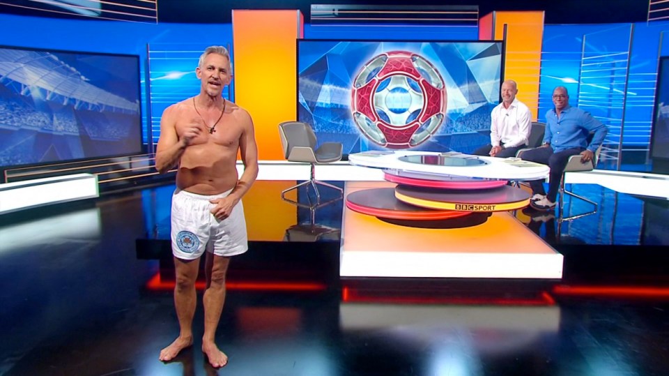 Gary Lineker making good on his promise to present the first edition of  the 2016-17 football season's Match of the Day TV show in his pants if Leicester won the Premier League, which against all the odds they did.