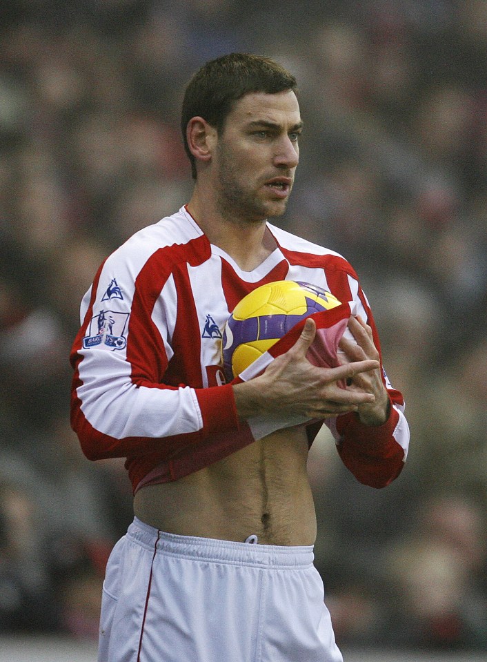 Rory Delap, Stoke City player, prepares to throw the ball during a Premier League match.