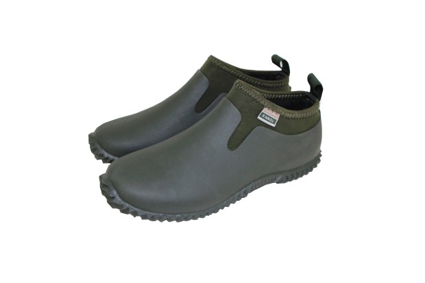 a pair of green rubber shoes with a rubber sole