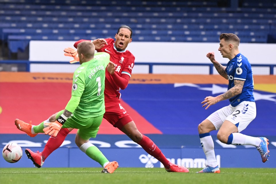 Everton keeper Jordan Pickford avoided punishment after his horror tackle on Virgil van Dijk in 2020