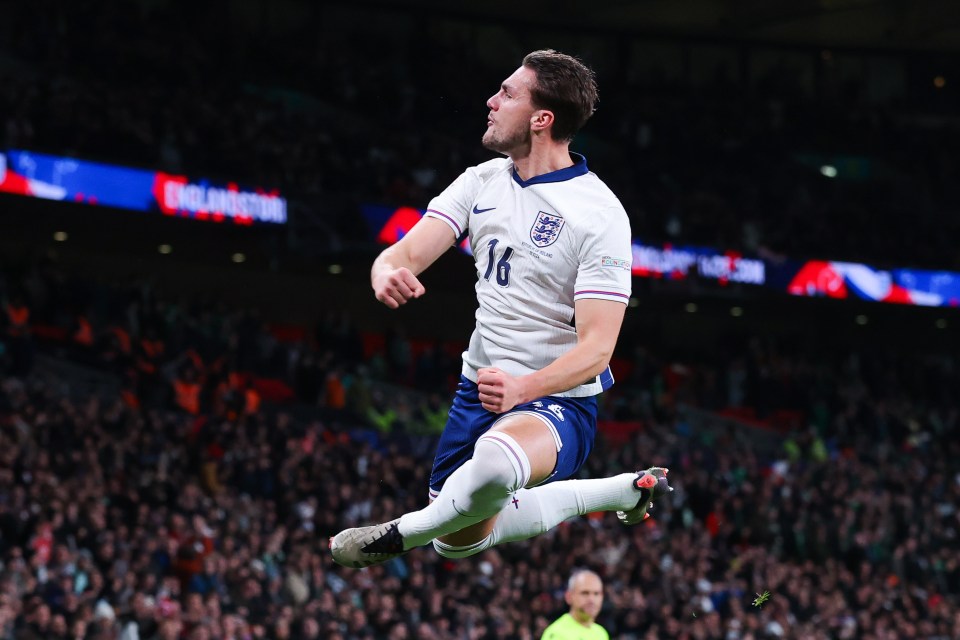 Harwood-Bellis, 22, celebrates scoring his first goal for England