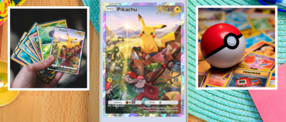 Collage of Pokémon cards, a Pokéball, and a Pikachu promo card.