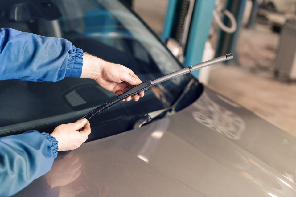 a man in a blue jacket is holding a windshield wiper