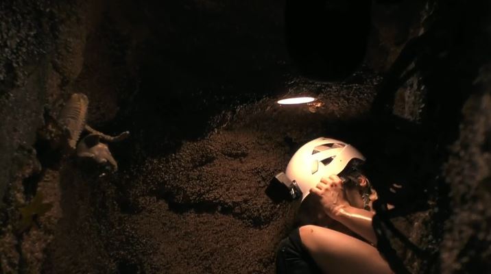 a person wearing a helmet is standing in a dark cave .