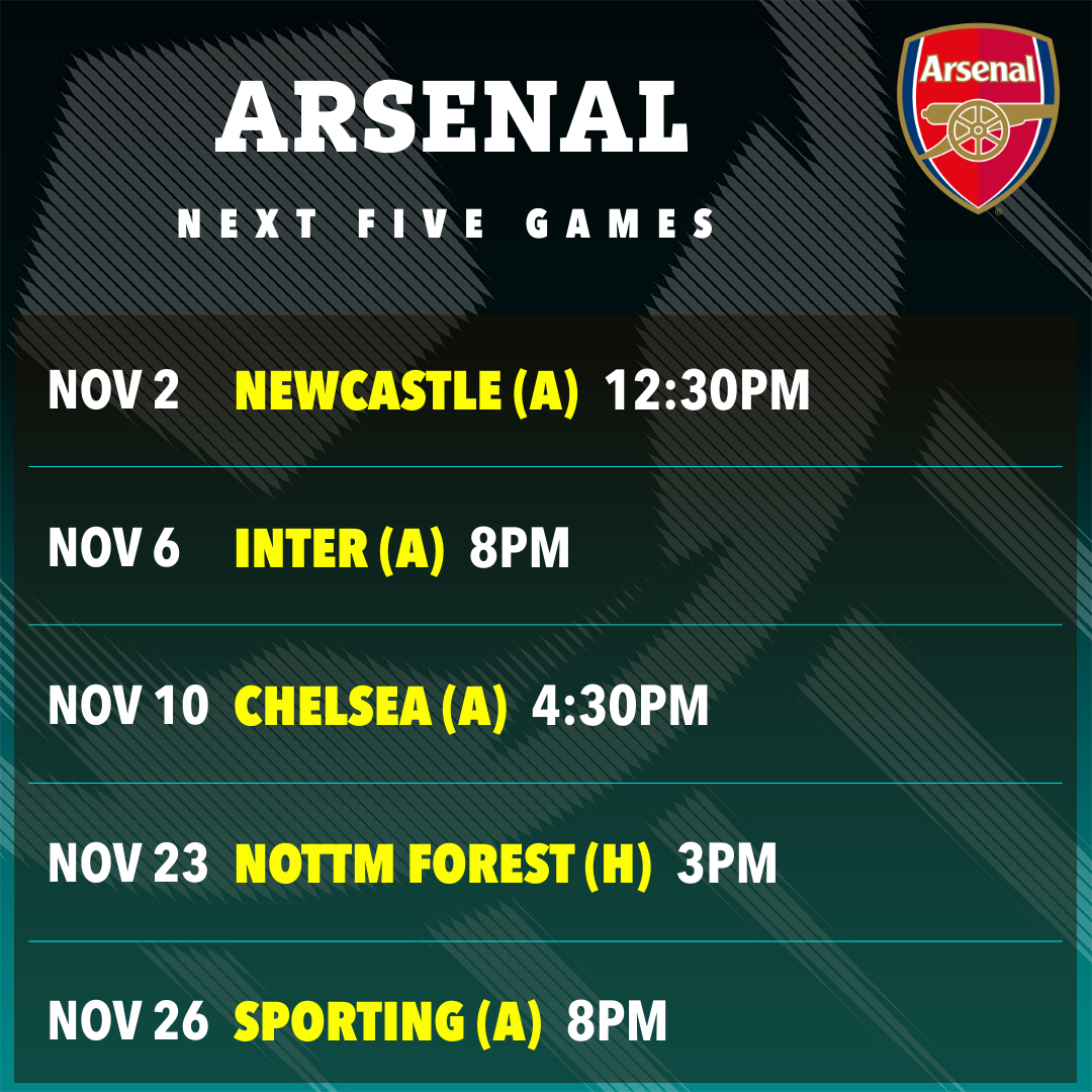 a poster for the arsenal next five games