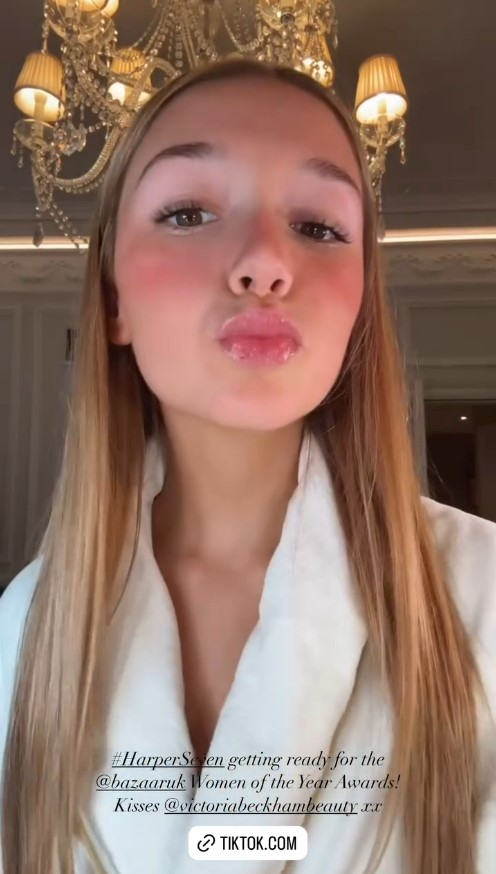 Victoria and David Beckham’s daughter Harper shows how she did her make up for Harpers Bazaar event