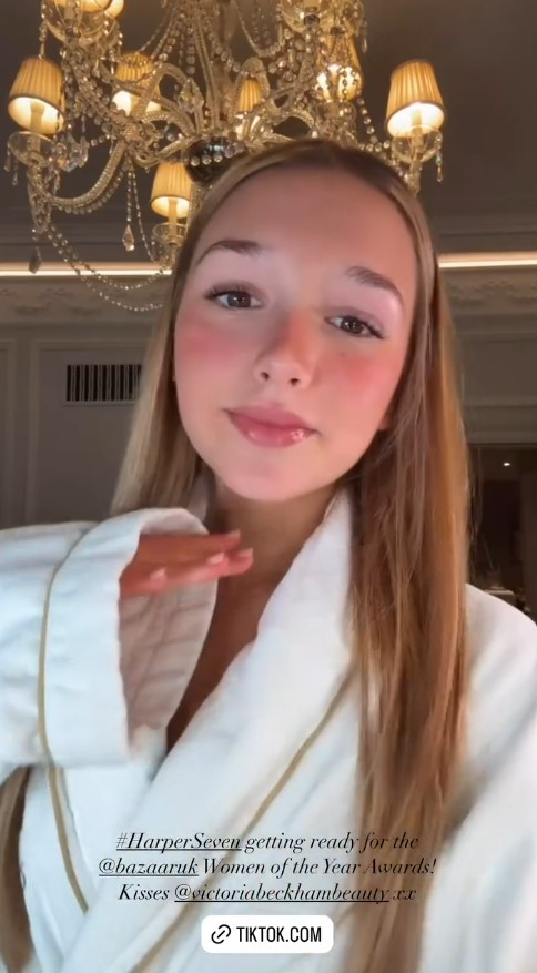 Victoria and David Beckham’s daughter Harper shows how she did her make up for Harpers Bazaar event