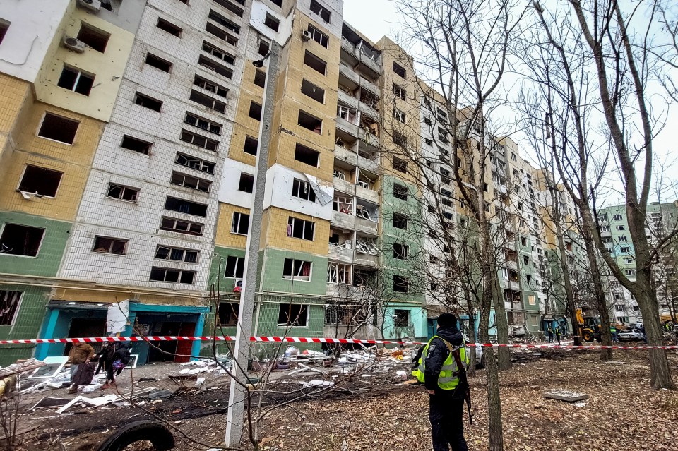 A view shows a residential building, which was damaged by a Russian missile strike, amid Russia’s attack on Ukraine