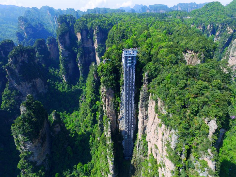 An aerial view of the ginormous Bailong Elevator