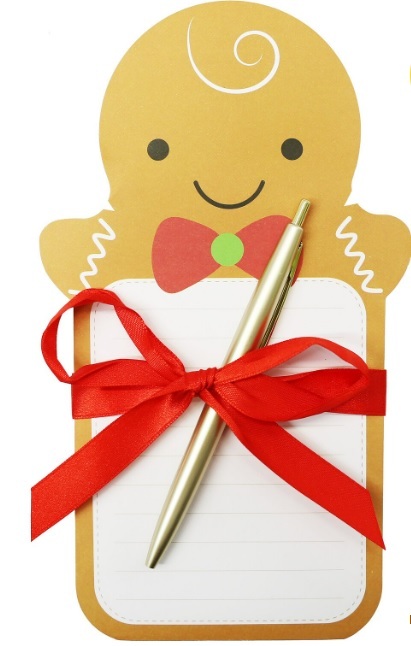 a notepad in the shape of a gingerbread man with a pen attached to it