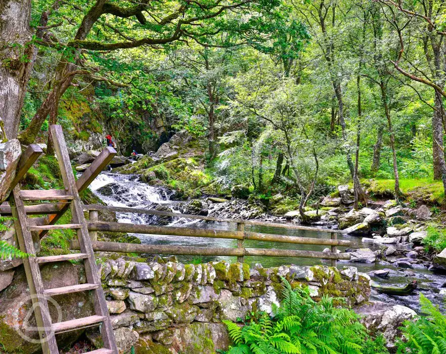 The campsite is a short walk from a nearby waterfall