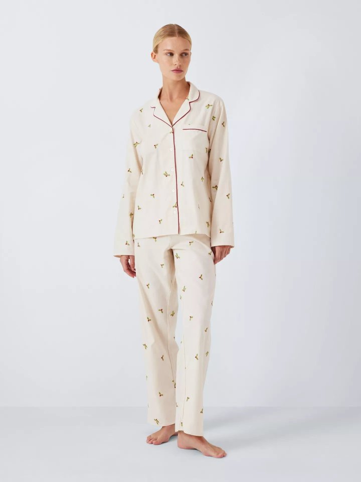 Embroidered Holly Pyjama Set, Ivory, John Lewis