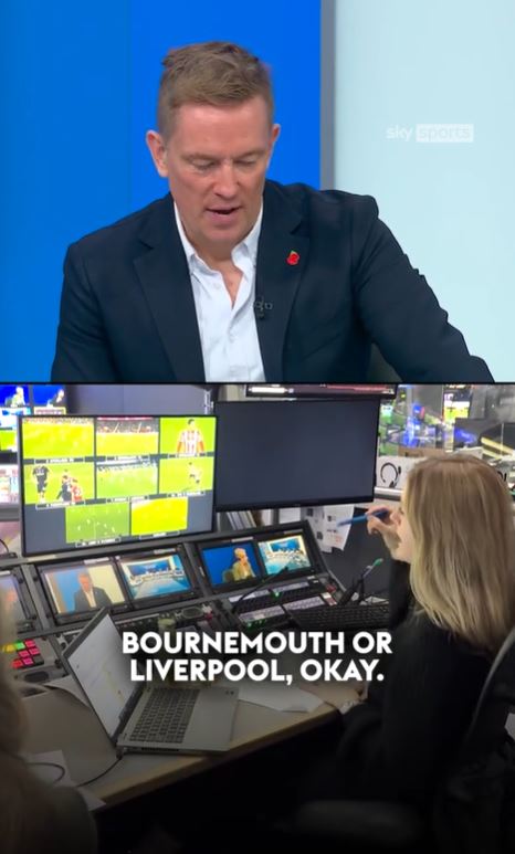 a man in a suit sits in front of a row of monitors and says bournemouth or liverpool okay