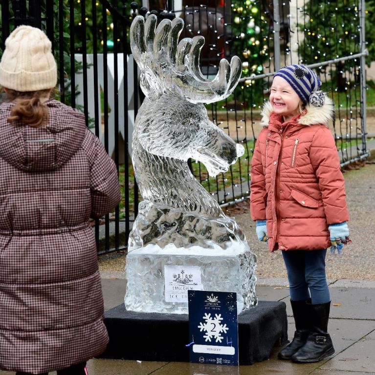 two girls looking at an ice sculpture of a moose head