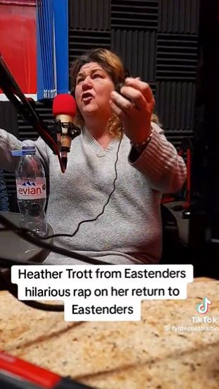 The actress sang along to the BBC soap's theme in which she admitted she wanted to play Heather's twin