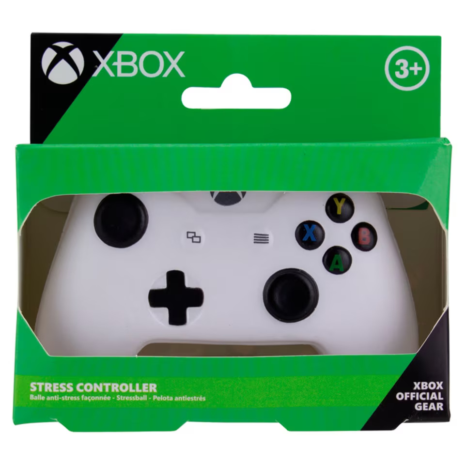 a white xbox official gear stress controller in a green box